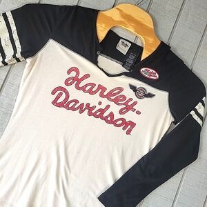 Harley-Davidson Motorcycle Shirt Women's L  Black White Notch Neck Long‎ Sleeve